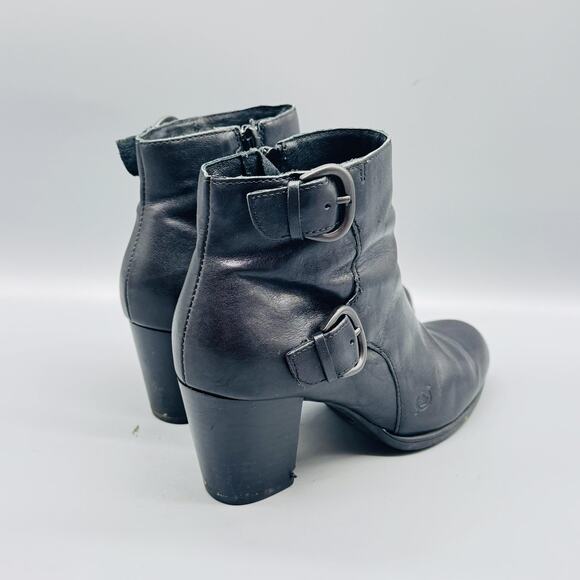 Born Boots Women 7.5 Black Leather Ankle Bootie Buckle Strap Side Zip Block Heel - Picture 8 of 12